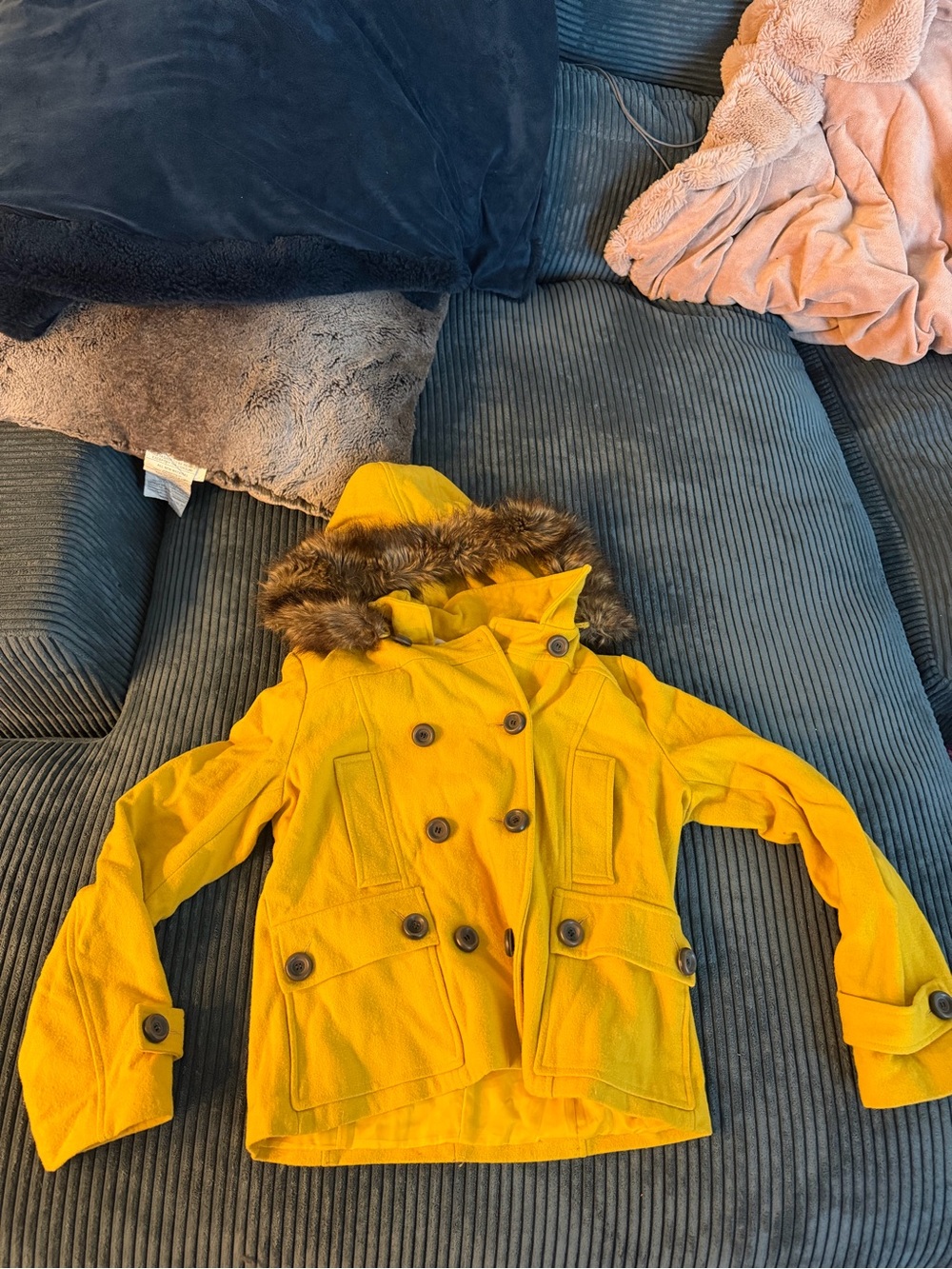 Yellow Hooded Winter Coat with Faux-Fur Trim